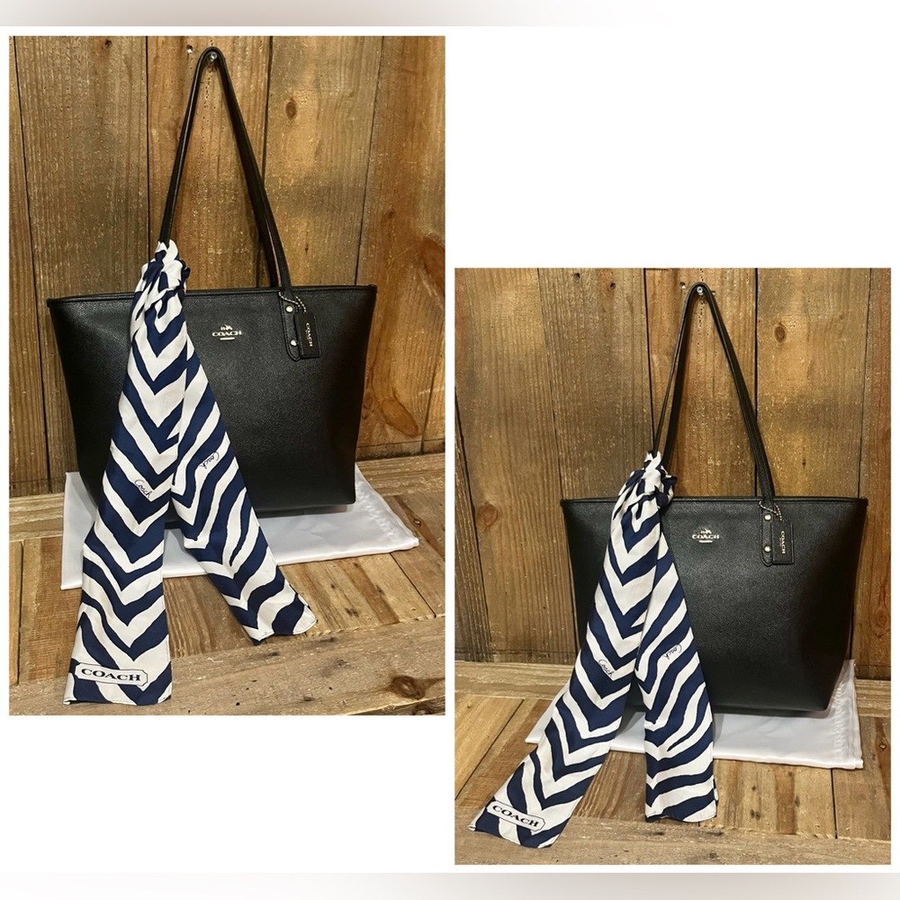 Coach. 3 Piece Set: City Zip Leather Tote with Free Logo Silk Scarf & Dust Bag. - Picture 7 of 16
